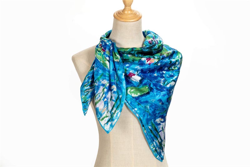 Salutto Women Square Scarf Silk Blue Lotus Virgin Printed Mulberry Silk Scarves - Image 3