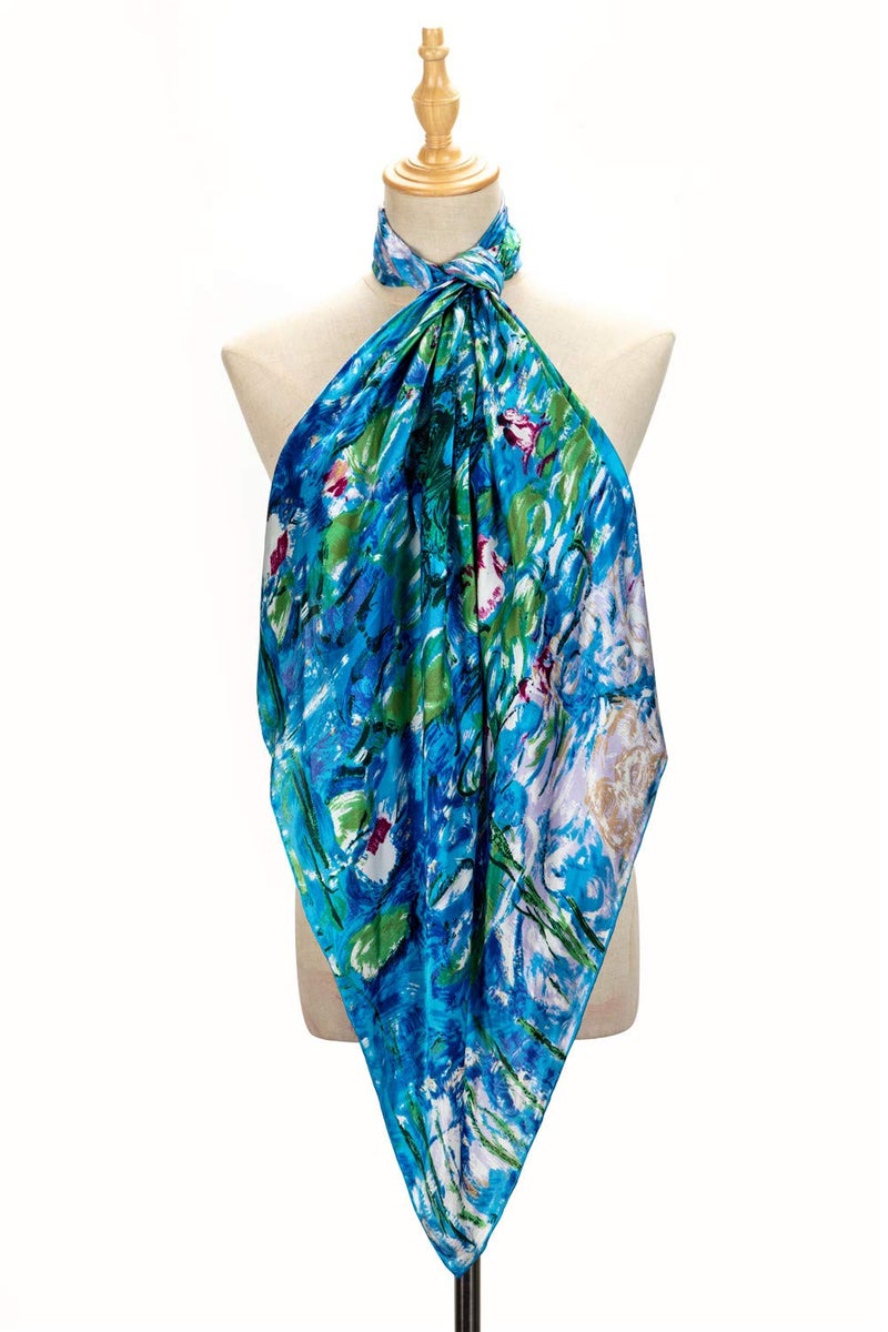 Salutto Women Square Scarf Silk Blue Lotus Virgin Printed Mulberry Silk Scarves - Image 2