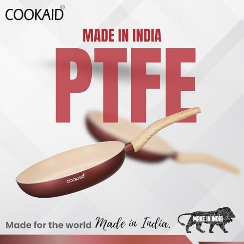 COOKAID Neo Glide Series Non Stick PTFE Fry Pan 22 cm| Aluminium Body| Non Stick PTFE| Gas & Induction Compatible| ISI Certified | 1.2 LTR - Metallic Cherry - Image 5
