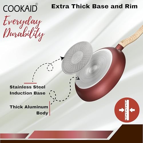 COOKAID Neo Glide Series Non Stick PTFE Fry Pan 22 cm| Aluminium Body| Non Stick PTFE| Gas & Induction Compatible| ISI Certified | 1.2 LTR - Metallic Cherry - Image 3