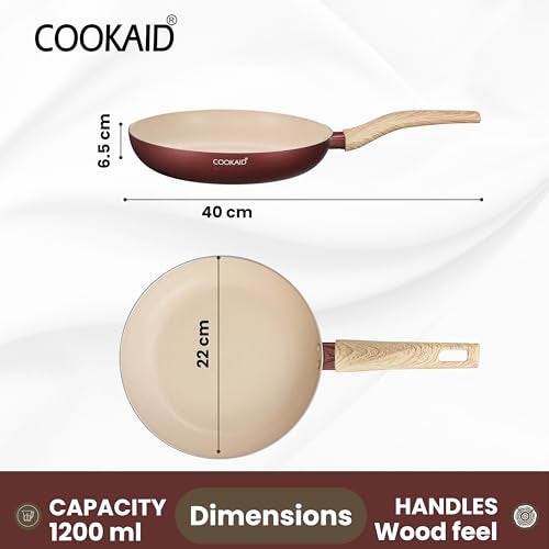 COOKAID Neo Glide Series Non Stick PTFE Fry Pan 22 cm| Aluminium Body| Non Stick PTFE| Gas & Induction Compatible| ISI Certified | 1.2 LTR - Metallic Cherry - Image 2