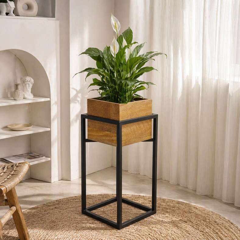 Pan Home Koa Wooden Planter With Metal Stand 22x22x33cm -Natural - 221ARX9900024 - Image 1