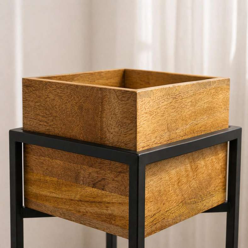 Pan Home Koa Wooden Planter With Metal Stand 22x22x33cm -Natural - 221ARX9900024 - Image 2