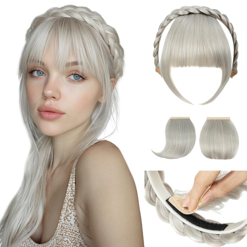 SARLA Braided Headband with 3 Detachable Clip in Bangs Fringe Hairpieces Fake Synthetic Hair Band Bangs for Women Ice Blonde - Image 1
