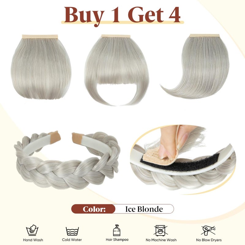 SARLA Braided Headband with 3 Detachable Clip in Bangs Fringe Hairpieces Fake Synthetic Hair Band Bangs for Women Ice Blonde - Image 2