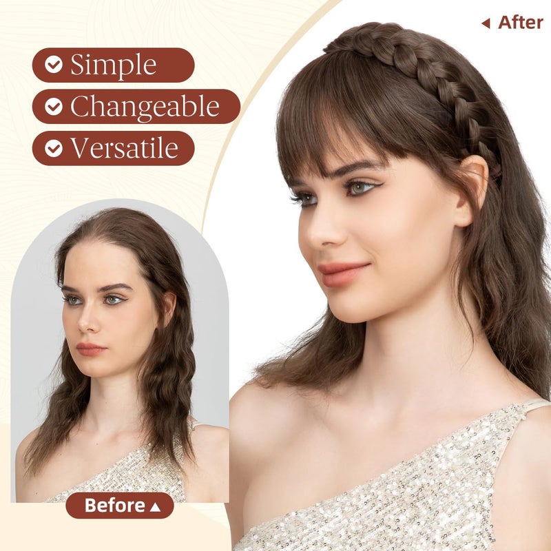 SARLA Braided Headband with 3 Detachable Clip in Bangs Fringe Hairpieces Fake Synthetic Hair Band Bangs for Women Ice Blonde - Image 4