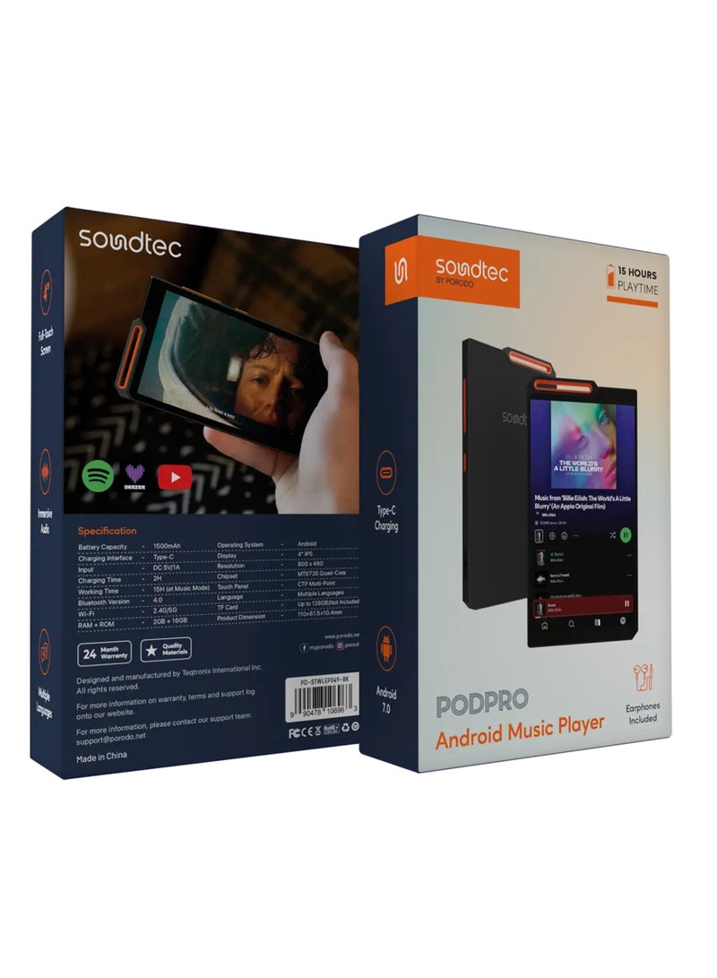 porodo Soundtec Pod Pro Android Music Player with 1500mAh Battery Capacity, 15 Hours Working Time, 2 Hours Charging Time, Type-C Charging Port, Multiple Languages Supports, 4" IPS Display, Android 7 Operating System, Bluetooth Version 4.0 - Black  - Image 2