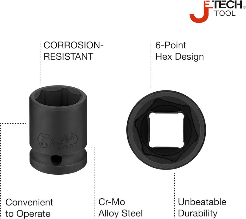 Jetech 1/2 Inch Drive 21mm Standard Impact Socket, Chrome Molybdenum Alloy Steel, 6-Point Design, Metric - Image 2