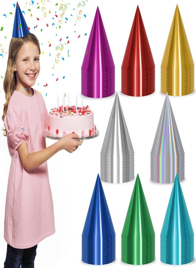 HEYTIMI 40/80 Pcs Metallic Cone Birthday Party Hats Bulk Set with Elastic String, 8 Assorted Colorful Celebration Headwear for Kids, Adults, New Year, Christmas, Holiday Events - Image 1