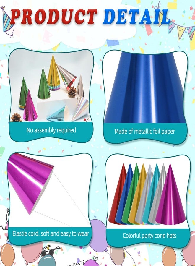 HEYTIMI 40/80 Pcs Metallic Cone Birthday Party Hats Bulk Set with Elastic String, 8 Assorted Colorful Celebration Headwear for Kids, Adults, New Year, Christmas, Holiday Events - Image 3