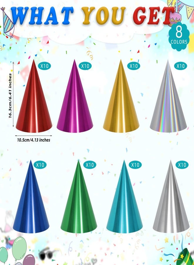 HEYTIMI 40/80 Pcs Metallic Cone Birthday Party Hats Bulk Set with Elastic String, 8 Assorted Colorful Celebration Headwear for Kids, Adults, New Year, Christmas, Holiday Events - Image 2