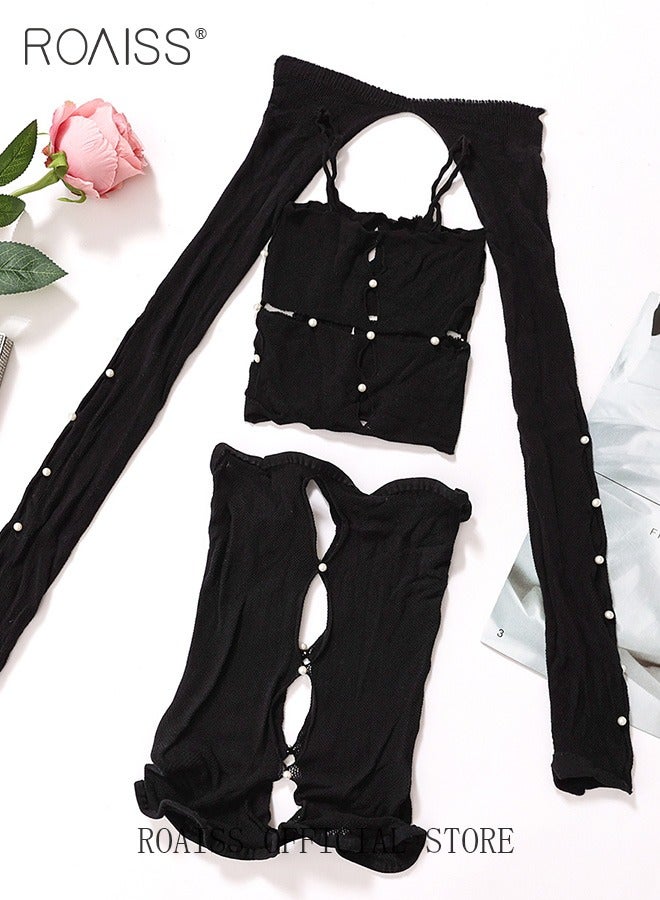 roaiss Two Piece of Women Mesh Bodysuit Set Lingerie for Ladies Wife Girlfriend Hollow Out Design Rhinestone Studded Mesh Dress Cut Out Dress - Image 1