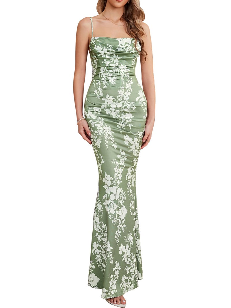 EYNMIN Women's Floral Corset Maxi Dress Sleeveless Bodycon Spaghetti Strap Ruched Elegant Wedding Guest Long Formal Dresses Green Print S - Image 1