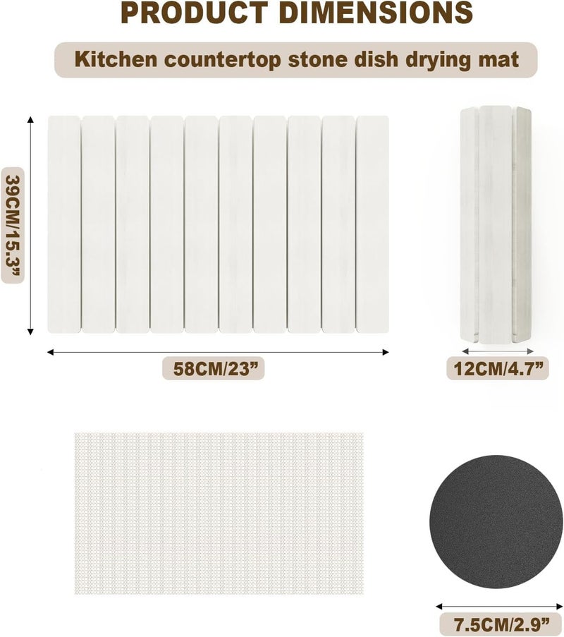 Dayacoco Stone Drying Mat for Kitchen Counter, Large Collapsible Stone Dish Drying Mat,Ultra Absorbent Diatomaceous Earth Mats for Dishes Bottles Cups, Fits Any Countertop,23"×15.3",White - Image 2