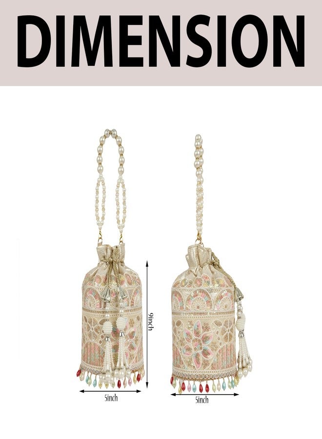 Nevis Silk Fabric Embroidered Potli Bag with Pearl Beaded Handle | Designe Ethnic Drawstring Clutch for Wedding, Festive - Image 5