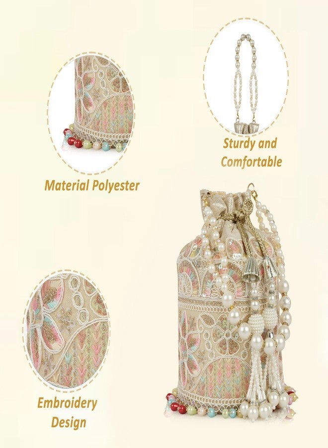 Nevis Silk Fabric Embroidered Potli Bag with Pearl Beaded Handle | Designe Ethnic Drawstring Clutch for Wedding, Festive - Image 2