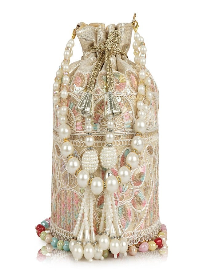 Nevis Silk Fabric Embroidered Potli Bag with Pearl Beaded Handle | Designe Ethnic Drawstring Clutch for Wedding, Festive - Image 1