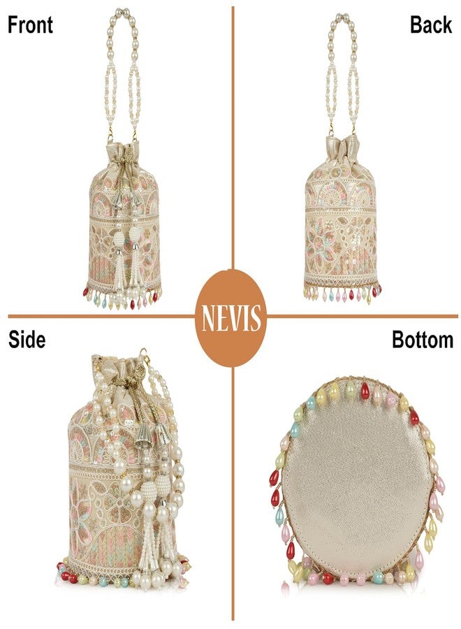 Nevis Silk Fabric Embroidered Potli Bag with Pearl Beaded Handle | Designe Ethnic Drawstring Clutch for Wedding, Festive - Image 4