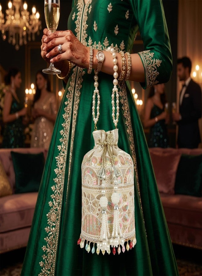 Nevis Silk Fabric Embroidered Potli Bag with Pearl Beaded Handle | Designe Ethnic Drawstring Clutch for Wedding, Festive - Image 3