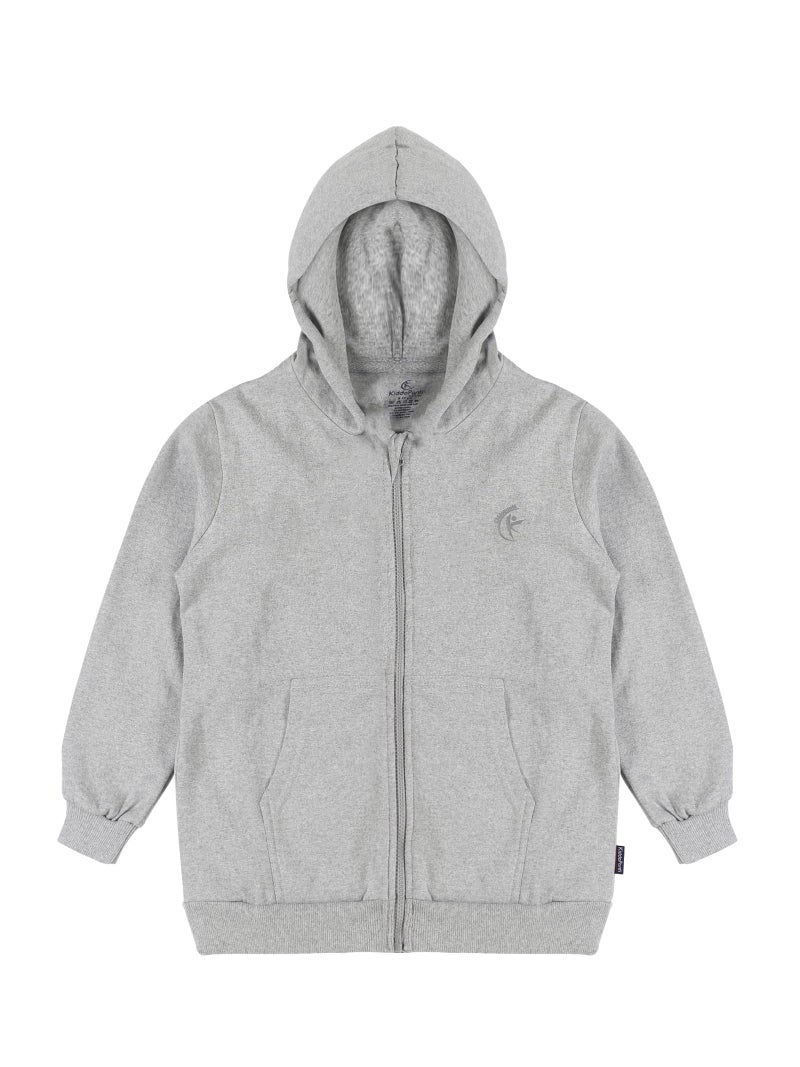 KiddoPanti Boys & Girls Kids Solid Full Sleeve Zip Front Open Hooded Sweatshirt, Grey Melange, 10-12Y - Image 1