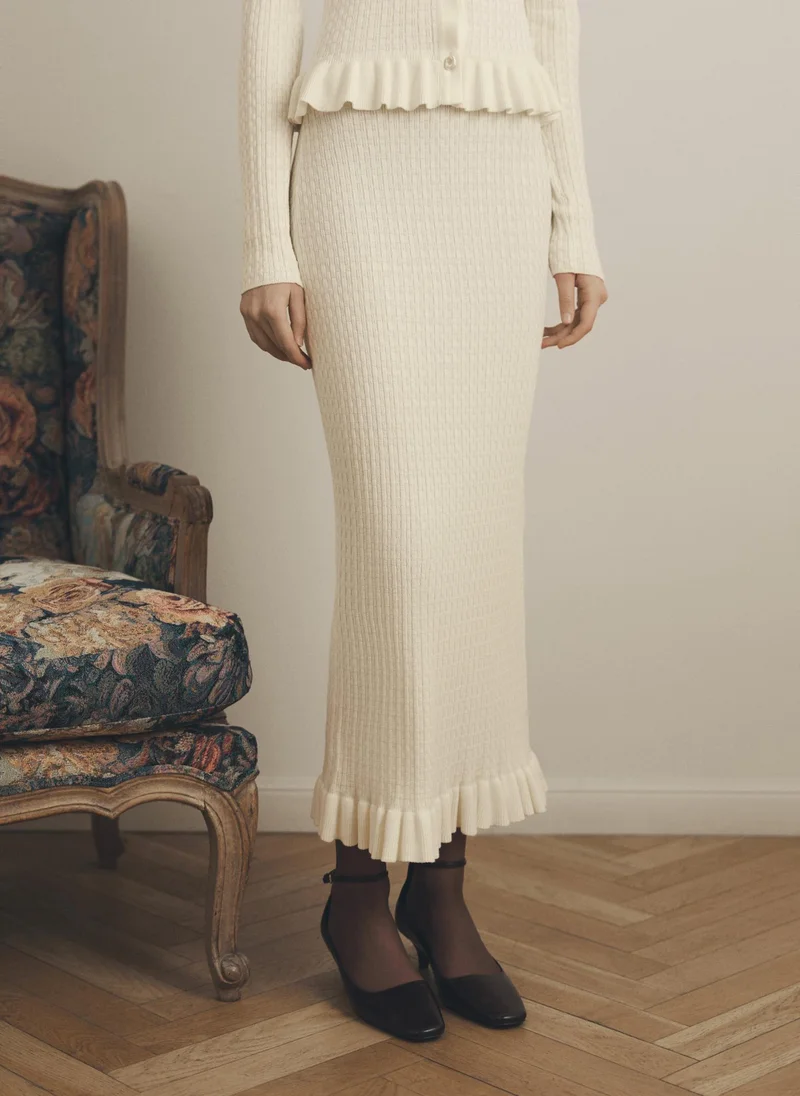 Straight textured-knit midi skirt with ruffles