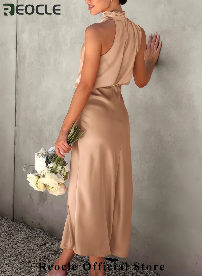 ريوكل فستان صيفي أنيق من الساتان للنساء بدون أكمام ورقبة دائرية ومناسب لحفلات الكوكتيل - Image 3