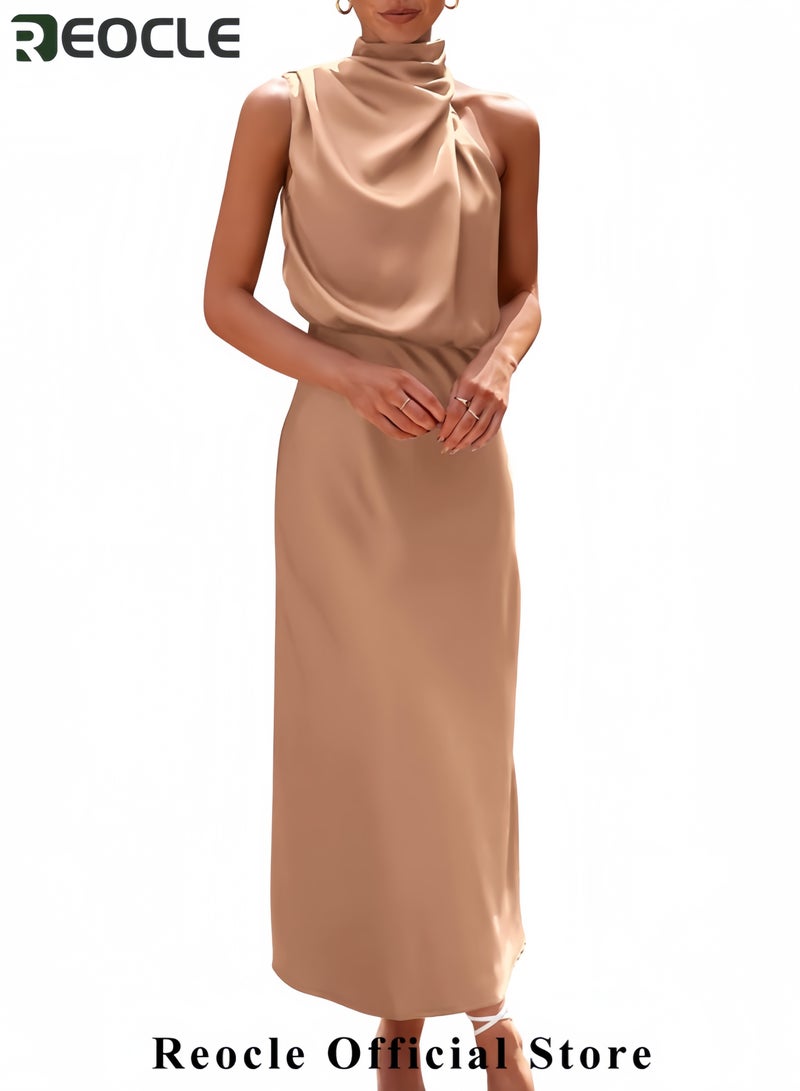 ريوكل فستان صيفي أنيق من الساتان للنساء بدون أكمام ورقبة دائرية ومناسب لحفلات الكوكتيل - Image 2