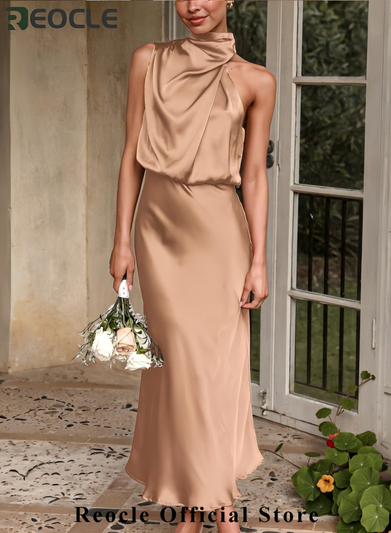 ريوكل فستان صيفي أنيق من الساتان للنساء بدون أكمام ورقبة دائرية ومناسب لحفلات الكوكتيل - Image 5