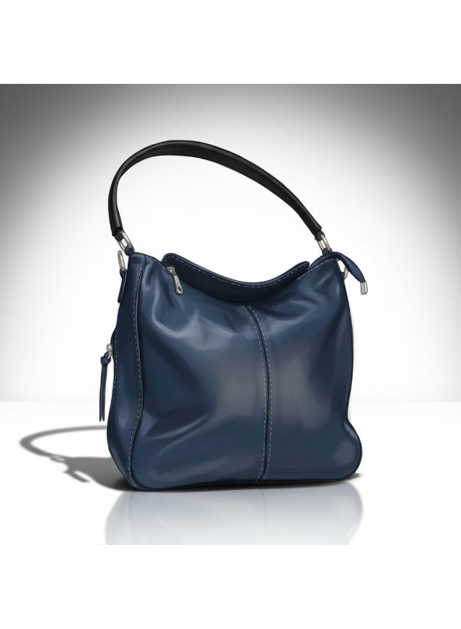 Handmade Women's Navy Blue Hobo Handbag - Soft Leather Design with Black Handle - Spacious Casual Shoulder Bag for Daily Use - Image 3