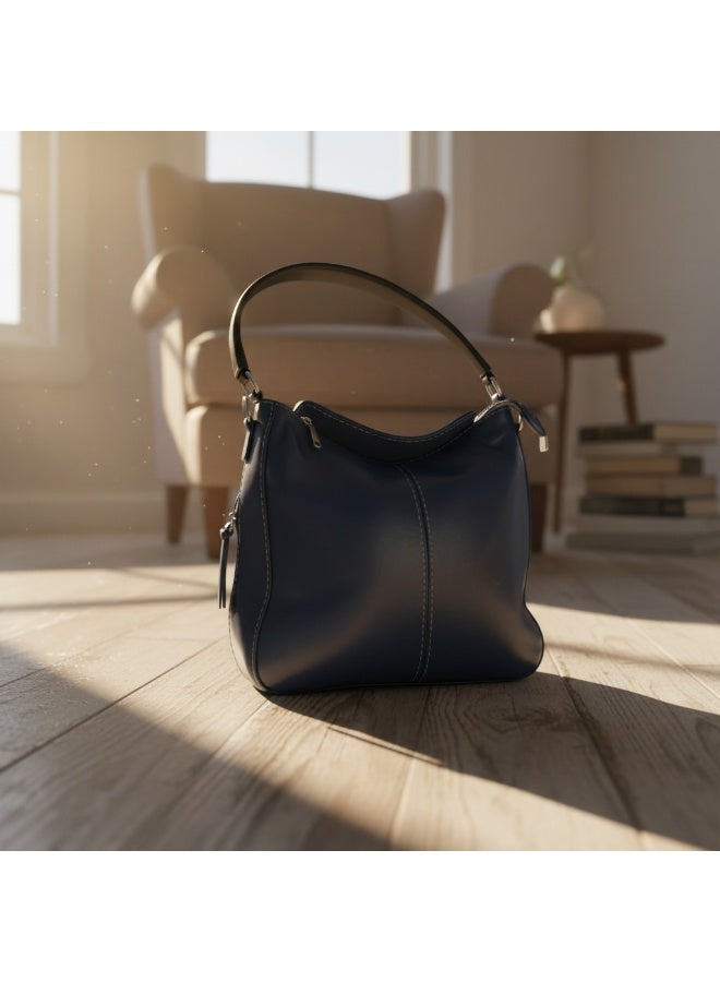 Handmade Women's Navy Blue Hobo Handbag - Soft Leather Design with Black Handle - Spacious Casual Shoulder Bag for Daily Use - Image 2