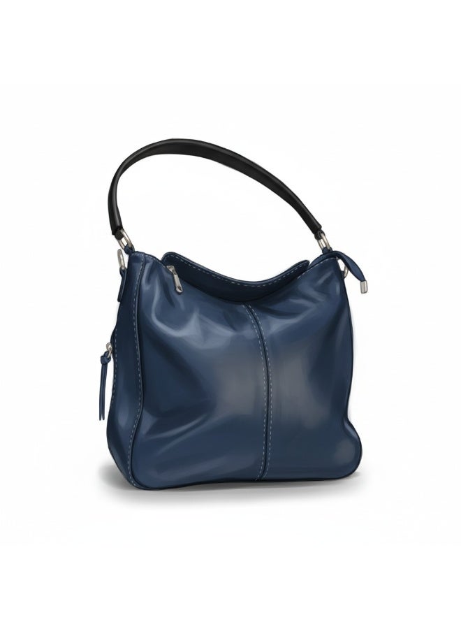 Handmade Women's Navy Blue Hobo Handbag - Soft Leather Design with Black Handle - Spacious Casual Shoulder Bag for Daily Use - Image 1