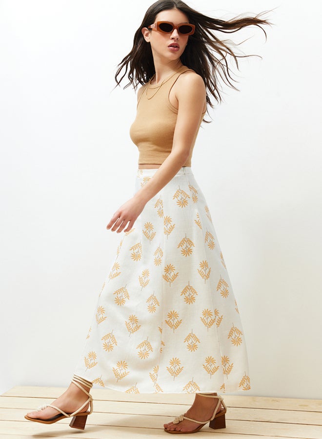 trendyol Ecru Floral Pattern A-Line Midi Length Woven Linen Blended Skirt - Image 3