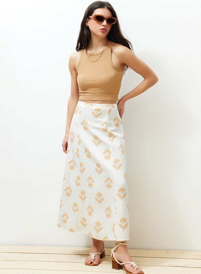 trendyol Ecru Floral Pattern A-Line Midi Length Woven Linen Blended Skirt - Image 1