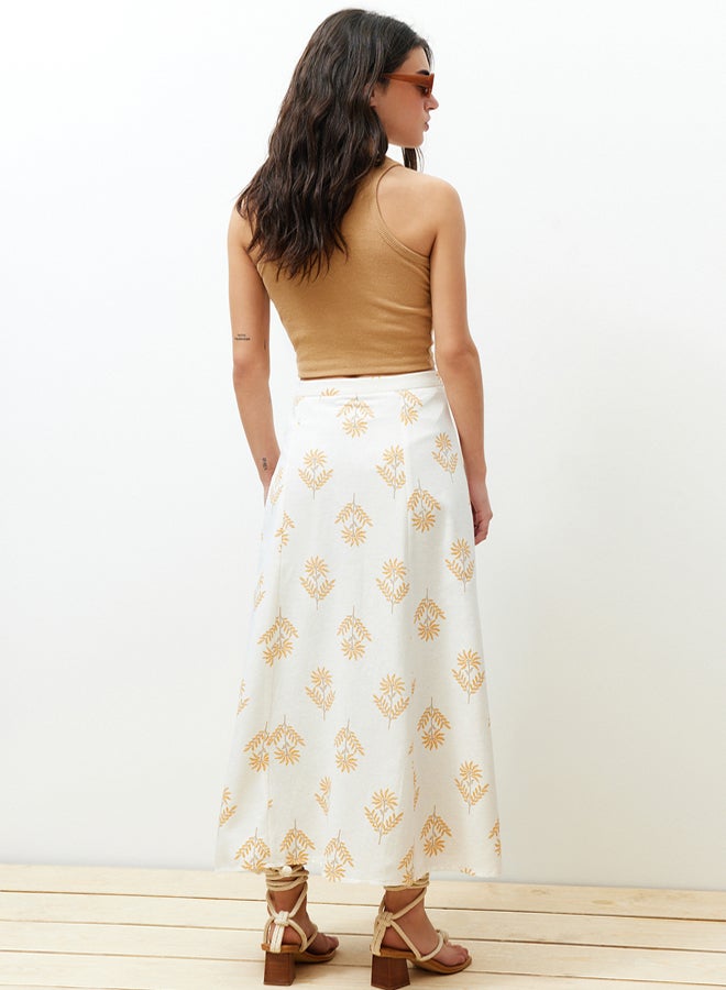 trendyol Ecru Floral Pattern A-Line Midi Length Woven Linen Blended Skirt - Image 5