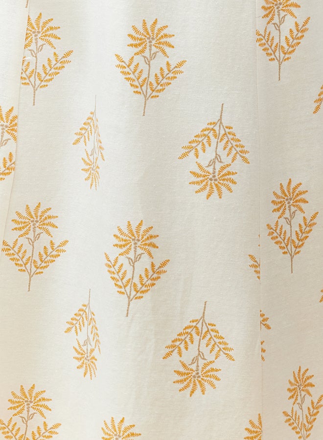 trendyol Ecru Floral Pattern A-Line Midi Length Woven Linen Blended Skirt - Image 4