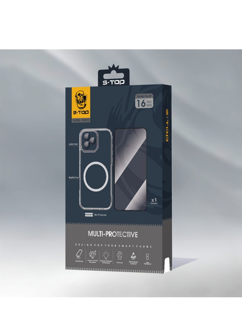 iPhone 16 Pro Max 10-in-1 Protection Package for all versions. Give your phone effective protection by purchasing the strongest integrated protection package, distinguished by its high-precision manufacturing to protect your phone from scratches and shocks.