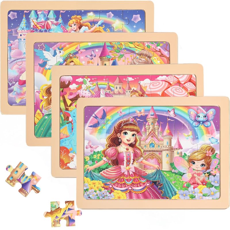 MAX JHQIQU jWooden Puzzle for Kids 46 Years Old 4 Pack of 24 Pieces Unicorn Princess Fairy Puzzle Preschool Education Brain Teaser Toy for 3 4 5 6 Year Old Girls - Image 1