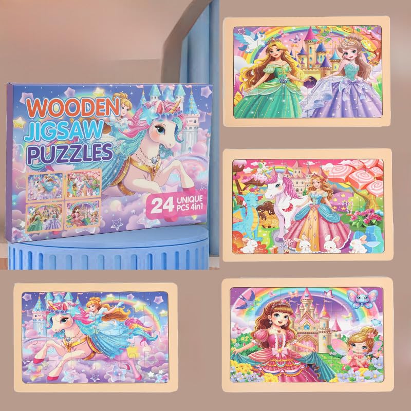 MAX JHQIQU jWooden Puzzle for Kids 46 Years Old 4 Pack of 24 Pieces Unicorn Princess Fairy Puzzle Preschool Education Brain Teaser Toy for 3 4 5 6 Year Old Girls - Image 4