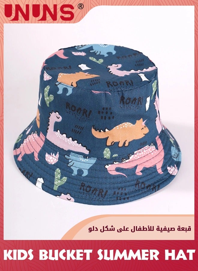 UNUNS Kids Baby Bucket Hat,Bucket Summer Hat With Adjustable Chin Strap,UPF 50+ Spring Summer Sun Cap,Wide Brim Beach Cap,Cute Cartoon Hat For Goys Gilrs Outdoor Play School Trip Picnic,Blue Dinosaur - Image 1