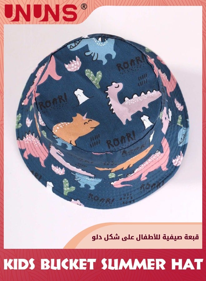 UNUNS Kids Baby Bucket Hat,Bucket Summer Hat With Adjustable Chin Strap,UPF 50+ Spring Summer Sun Cap,Wide Brim Beach Cap,Cute Cartoon Hat For Goys Gilrs Outdoor Play School Trip Picnic,Blue Dinosaur - Image 2