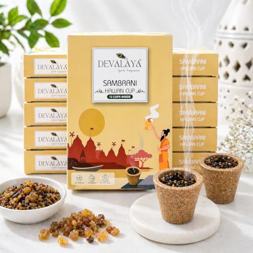 DEVALAYA Sambrani Havan Cups for Pooja (144 Cups, Pack of 12 Box), 100% Organic & Charcoal-Free, Infused with Orignal Guggal & Natural Loban, Hawan Samagri & Bhimseni Kapoor, No Artificial Scent - Image 1