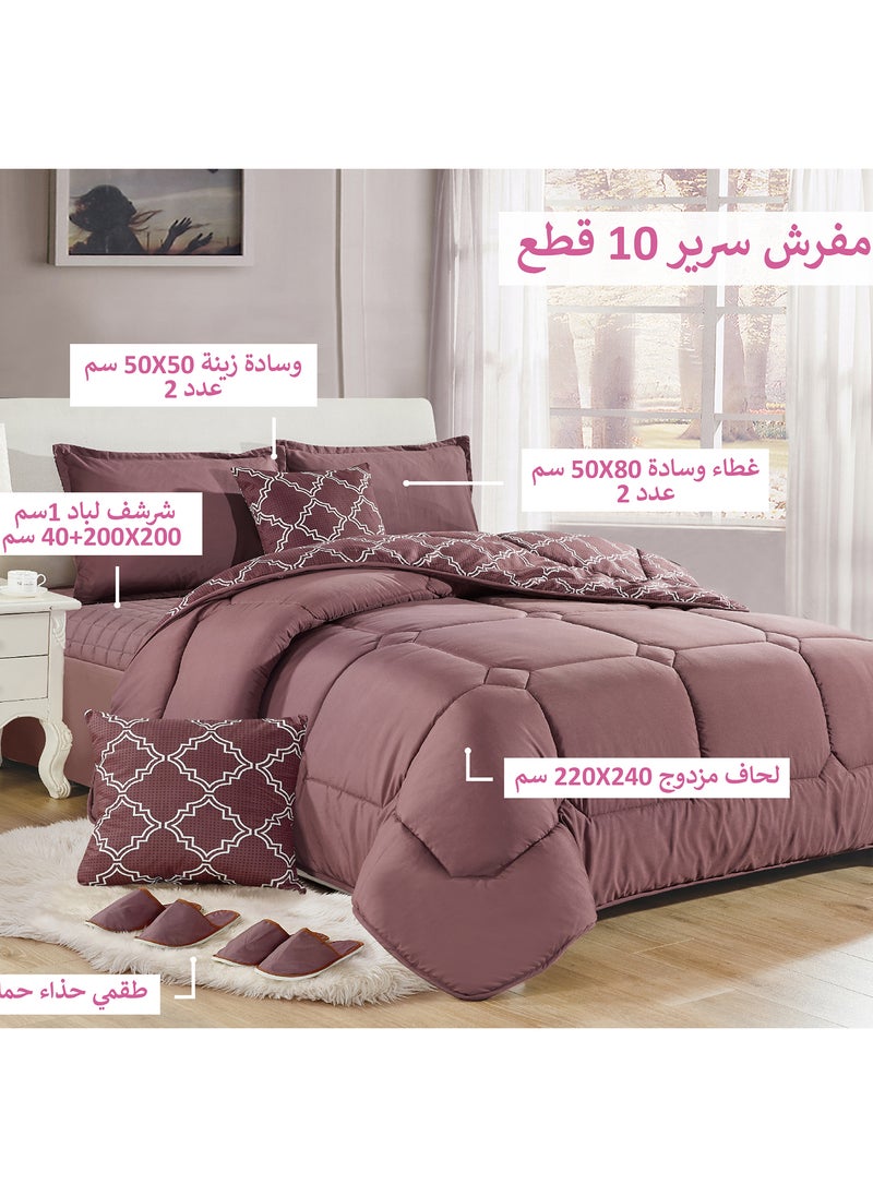 Moon - Bed In A Bag Medium Filling King Size Comforter Set, 10 Pcs Floral Bedding Set Size 220 X 240 Cm with Comforter, Quilted Bed Skirt, Pillowcases, Cushion & Bedroom Slipper, Multicolor - Image 1