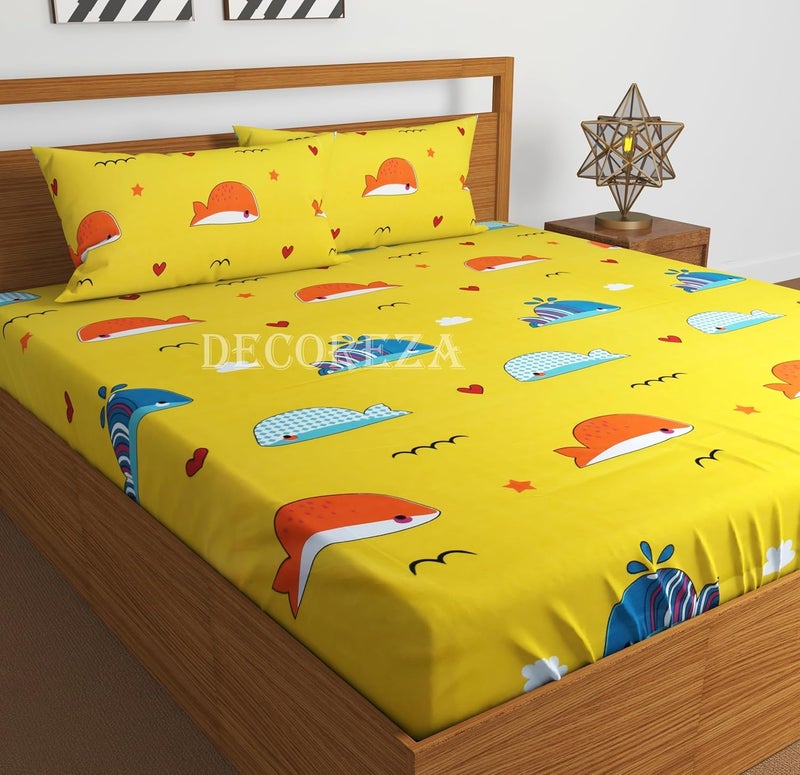 DECOREZA Cotton Feel Glace Cotton Elastic Fitted Printed King Size Double Bed Bedsheet with 2 Pillow Covers and Fits Upto 8 inches Mattress, Size- 72"x78" (Kids Fish) - Image 1