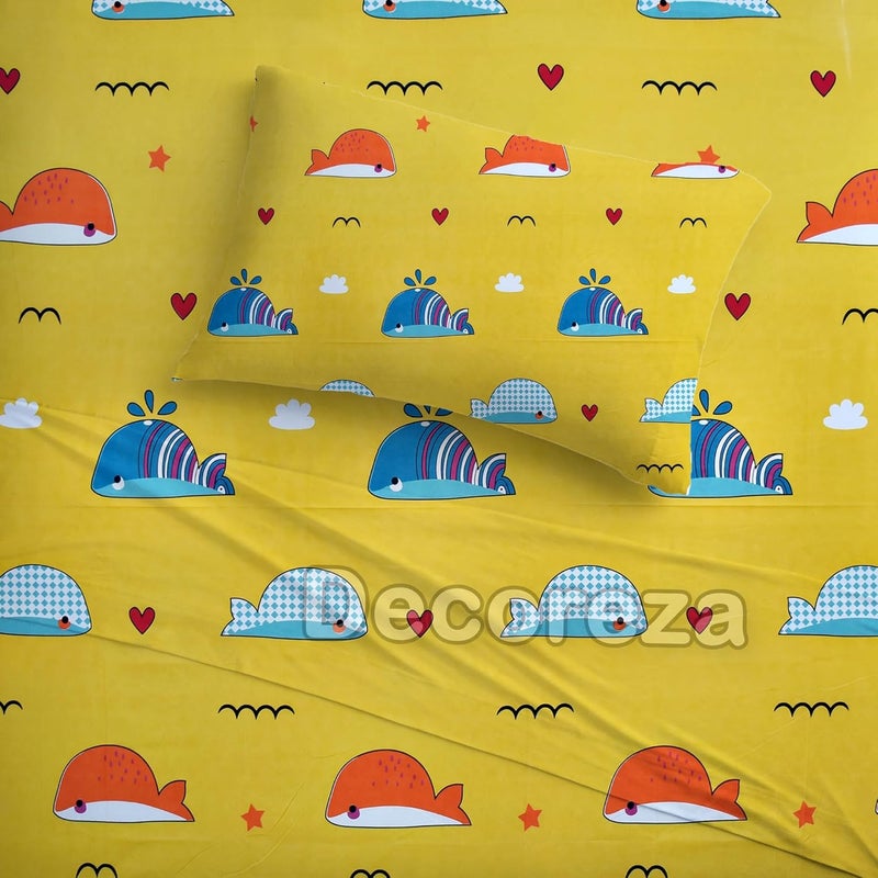 DECOREZA Cotton Feel Glace Cotton Elastic Fitted Printed King Size Double Bed Bedsheet with 2 Pillow Covers and Fits Upto 8 inches Mattress, Size- 72"x78" (Kids Fish) - Image 5