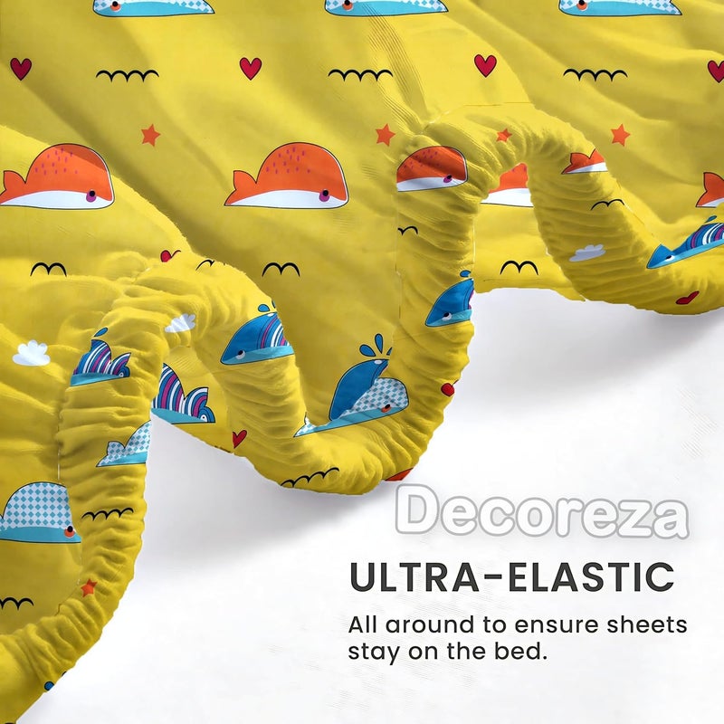 DECOREZA Cotton Feel Glace Cotton Elastic Fitted Printed King Size Double Bed Bedsheet with 2 Pillow Covers and Fits Upto 8 inches Mattress, Size- 72"x78" (Kids Fish) - Image 4
