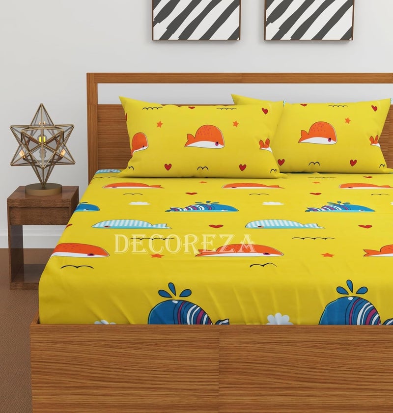 DECOREZA Cotton Feel Glace Cotton Elastic Fitted Printed King Size Double Bed Bedsheet with 2 Pillow Covers and Fits Upto 8 inches Mattress, Size- 72"x78" (Kids Fish) - Image 2