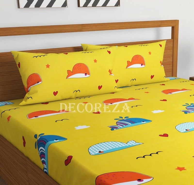 DECOREZA Cotton Feel Glace Cotton Elastic Fitted Printed King Size Double Bed Bedsheet with 2 Pillow Covers and Fits Upto 8 inches Mattress, Size- 72"x78" (Kids Fish) - Image 3