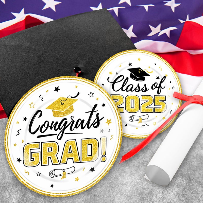 Oigco Graduation Plates and Napkins 2025 Graduation Party Supplies Congrats Grad Disposable Paper Plates Decorative Napkins Cocktail Napkins for White and Gold Graduation Party Decorations  Serve 50 - Image 2