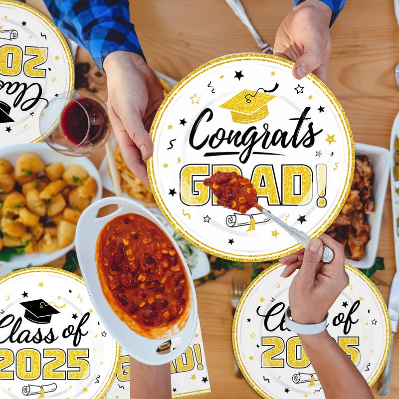 Oigco Graduation Plates and Napkins 2025 Graduation Party Supplies Congrats Grad Disposable Paper Plates Decorative Napkins Cocktail Napkins for White and Gold Graduation Party Decorations  Serve 50 - Image 4