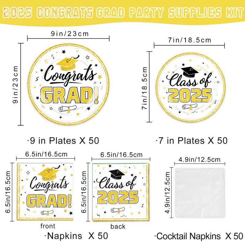Oigco Graduation Plates and Napkins 2025 Graduation Party Supplies Congrats Grad Disposable Paper Plates Decorative Napkins Cocktail Napkins for White and Gold Graduation Party Decorations  Serve 50 - Image 1